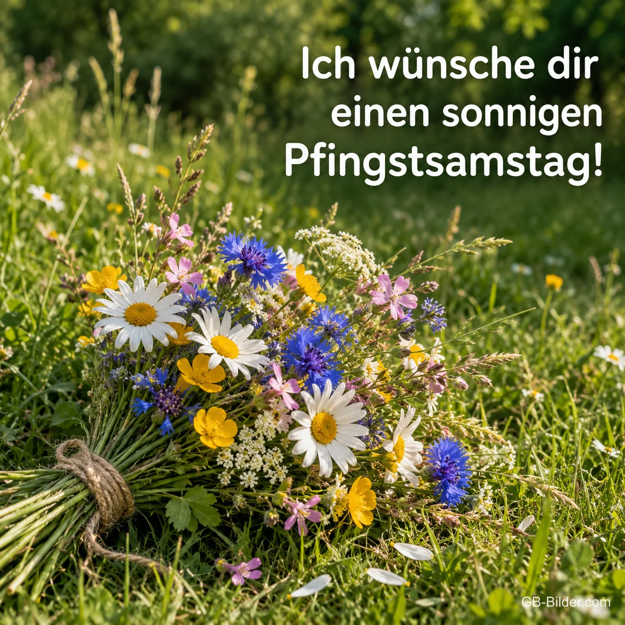 Wiesenblumenstrauß im Gras, Text: Ich wünsche dir einen sonnigen Pfingstsamstag! Wiesenblumenstrauß im Gras, Text: Ich wünsche dir einen sonnigen Pfingstsamstag!