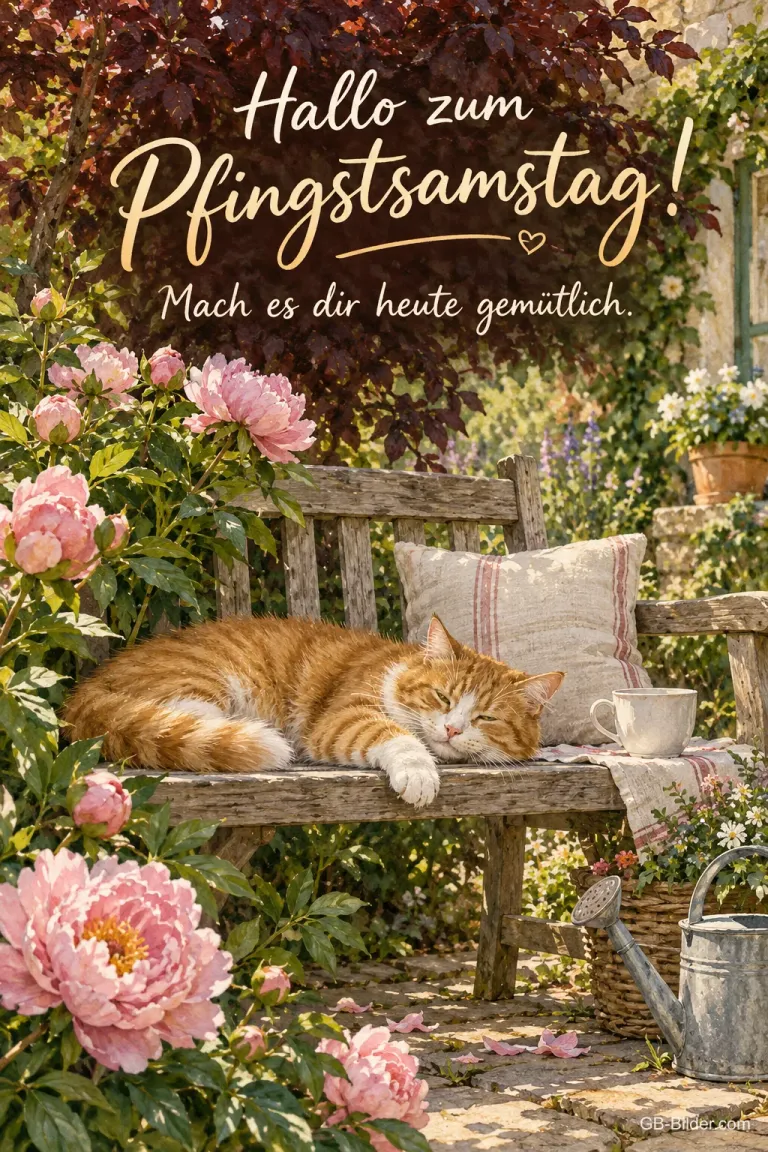 Schlafende Katze auf der Gartenbank, Text: Hallo zum Pfingstsamstag!