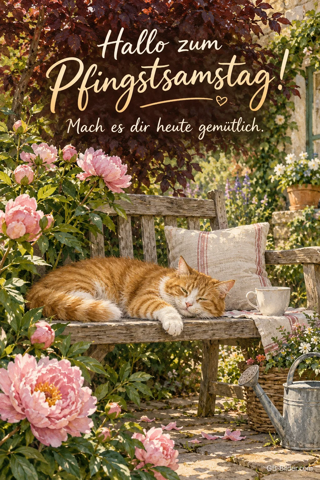 Schlafende Katze auf der Gartenbank, Text: Hallo zum Pfingstsamstag! Schlafende Katze auf der Gartenbank, Text: Hallo zum Pfingstsamstag!