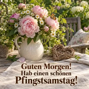 Pfingstrosen-Strauß im Krug, Text: Guten Morgen! Hab einen schönen Pfingstsamstag!