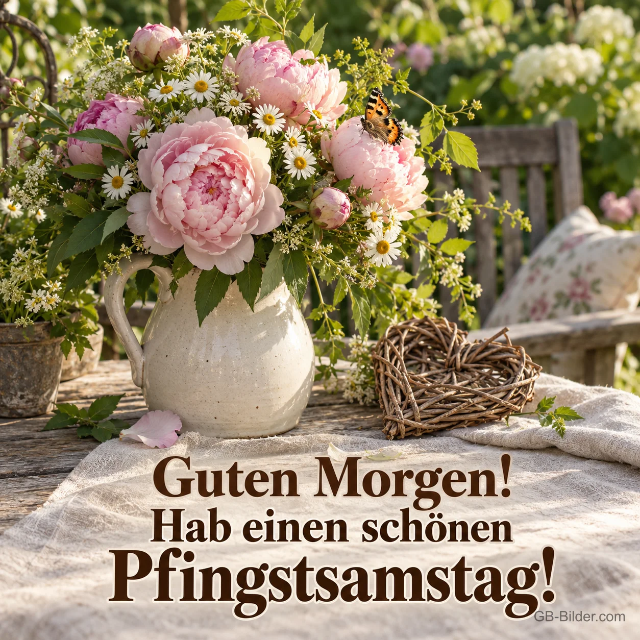 Pfingstrosen-Strauß im Krug, Text: Guten Morgen! Hab einen schönen Pfingstsamstag! Pfingstrosen-Strauß im Krug, Text: Guten Morgen! Hab einen schönen Pfingstsamstag!