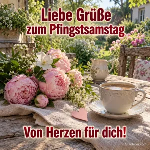 Pfingstrosen und Kaffee im Garten, Text: Liebe Grüße zum Pfingstsamstag
