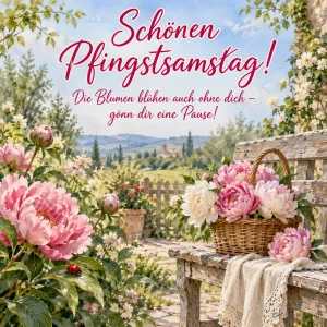 Pfingstrosen-Korb auf der Gartenbank, lustiger Text: Schönen Pfingstsamstag!