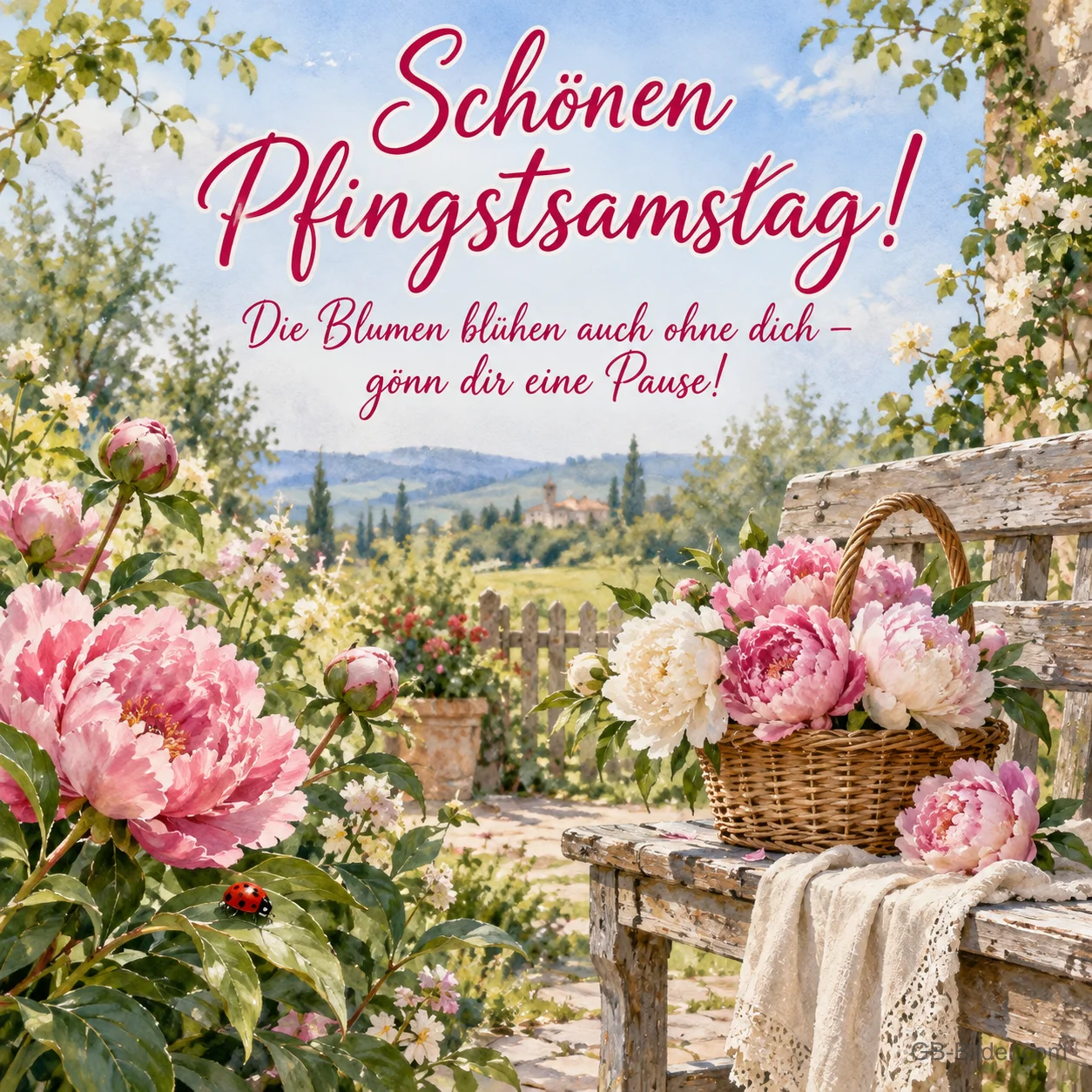 Pfingstrosen-Korb auf der Gartenbank, lustiger Text: Schönen Pfingstsamstag! Pfingstrosen-Korb auf der Gartenbank, lustiger Text: Schönen Pfingstsamstag!
