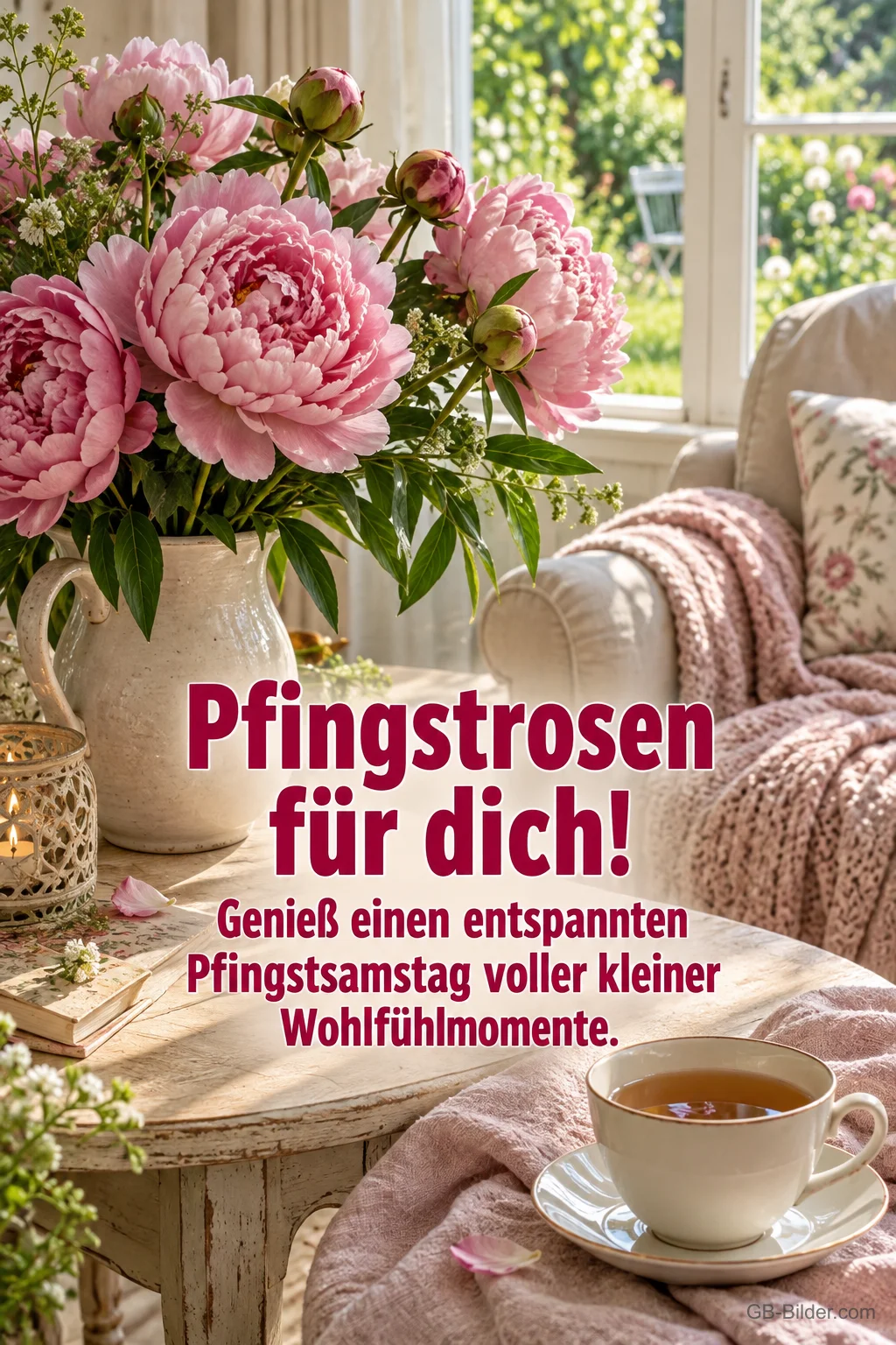 Pfingstrosen im Krug mit Tee, Text: Pfingstrosen für dich! Pfingstrosen im Krug mit Tee, Text: Pfingstrosen für dich!