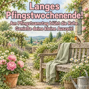Gartenbank mit Pfingstrosen und Rotkehlchen, Text: Langes Pfingstwochenende!