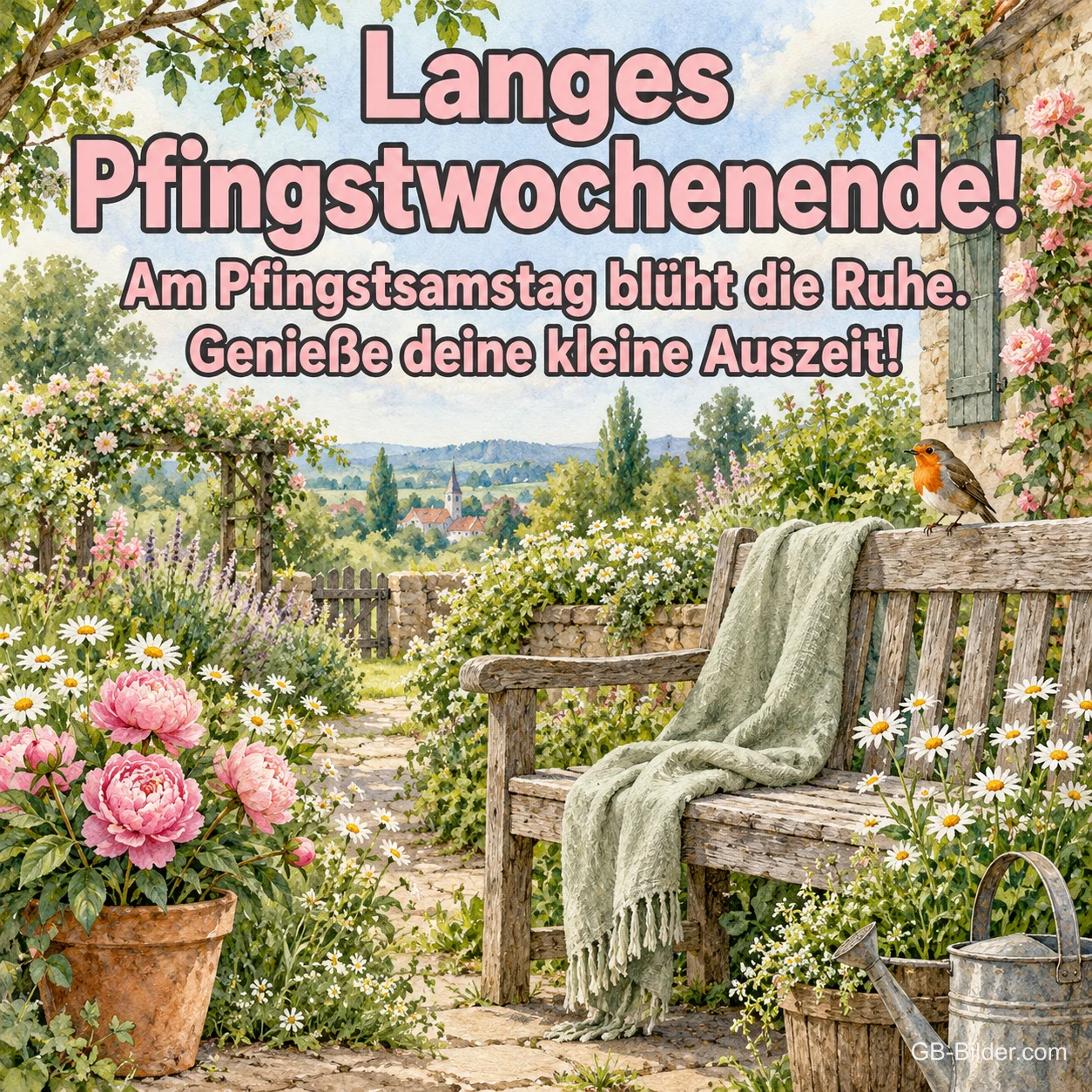 Gartenbank mit Pfingstrosen und Rotkehlchen, Text: Langes Pfingstwochenende! Gartenbank mit Pfingstrosen und Rotkehlchen, Text: Langes Pfingstwochenende!