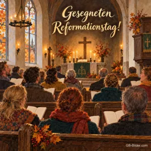 Eine Gemeinde sitzt im Kerzenschein einer herbstlich geschmückten Dorfkirche und singt aus Gesangbüchern zum Altar hin, Text: Gesegneten Reformationstag!
