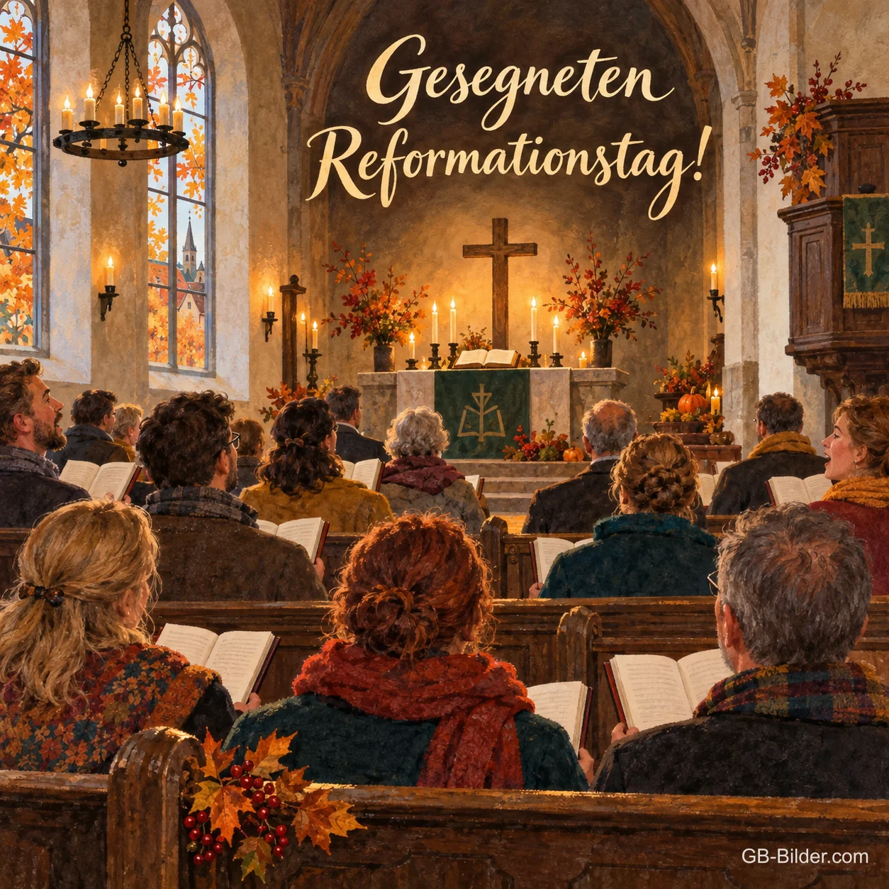 Eine Gemeinde sitzt im Kerzenschein einer herbstlich geschmückten Dorfkirche und singt aus Gesangbüchern zum Altar hin, Text: Gesegneten Reformationstag! Eine Gemeinde sitzt im Kerzenschein einer herbstlich geschmückten Dorfkirche und singt aus Gesangbüchern zum Altar hin, Text: Gesegneten Reformationstag!