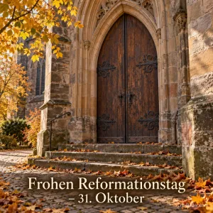 Das schwere Holzportal einer gotischen Kirche leuchtet im goldenen Herbstlicht, auf den Stufen liegt buntes Laub, Text: Frohen Reformationstag – 31. Oktober