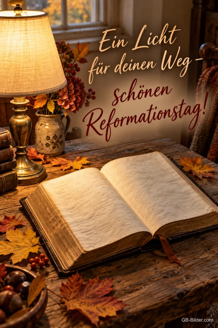 Eine warme Leselampe scheint auf eine aufgeschlagene alte Bibel auf einem Holztisch mit Herbstblättern, Text: Ein Licht für deinen Weg – schönen Reformationstag!