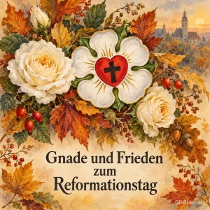Eine gemalte Lutherrose mit rotem Herz und schwarzem Kreuz liegt zwischen weißen Rosen, Herbstlaub und Hagebutten, Text: Gnade und Frieden zum Reformationstag