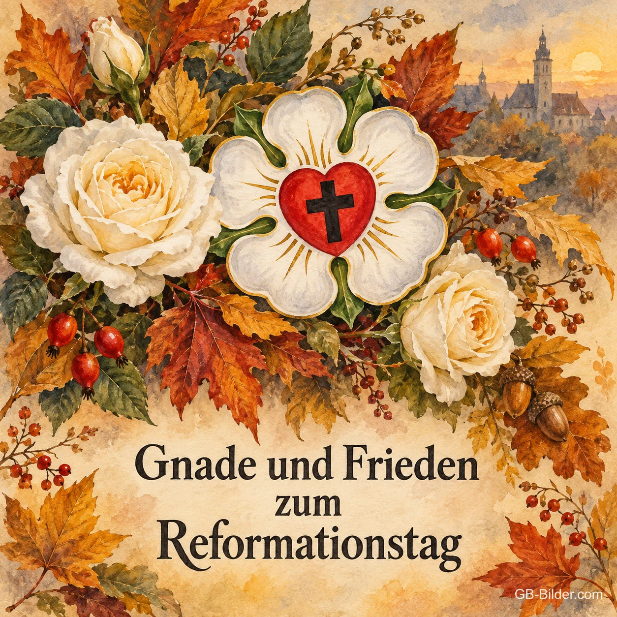 Eine gemalte Lutherrose mit rotem Herz und schwarzem Kreuz liegt zwischen weißen Rosen, Herbstlaub und Hagebutten, Text: Gnade und Frieden zum Reformationstag Eine gemalte Lutherrose mit rotem Herz und schwarzem Kreuz liegt zwischen weißen Rosen, Herbstlaub und Hagebutten, Text: Gnade und Frieden zum Reformationstag