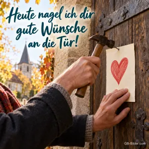 Hände nageln mit einem Hammer ein Blatt mit gemaltem rotem Herz an eine alte Kirchentür, Text: Heute nagel ich dir gute Wünsche an die Tür!