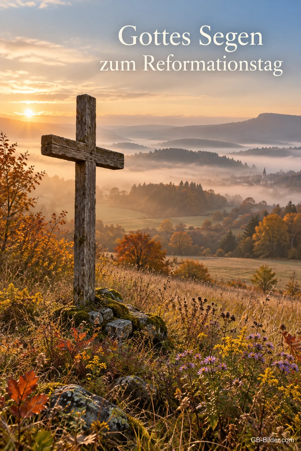 Ein schlichtes Holzkreuz steht auf einer herbstlichen Wiese über nebligen Hügeln im Morgenlicht, Text: Gottes Segen zum Reformationstag Ein schlichtes Holzkreuz steht auf einer herbstlichen Wiese über nebligen Hügeln im Morgenlicht, Text: Gottes Segen zum Reformationstag