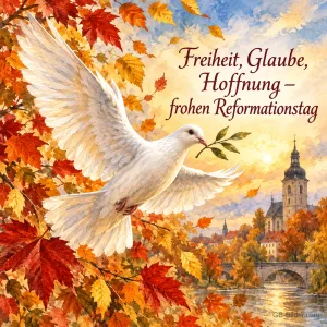 Eine weiße Taube mit Ölzweig fliegt durch rotes und goldenes Herbstlaub über einer Altstadt am Fluss, Text: Freiheit, Glaube, Hoffnung – frohen Reformationstag