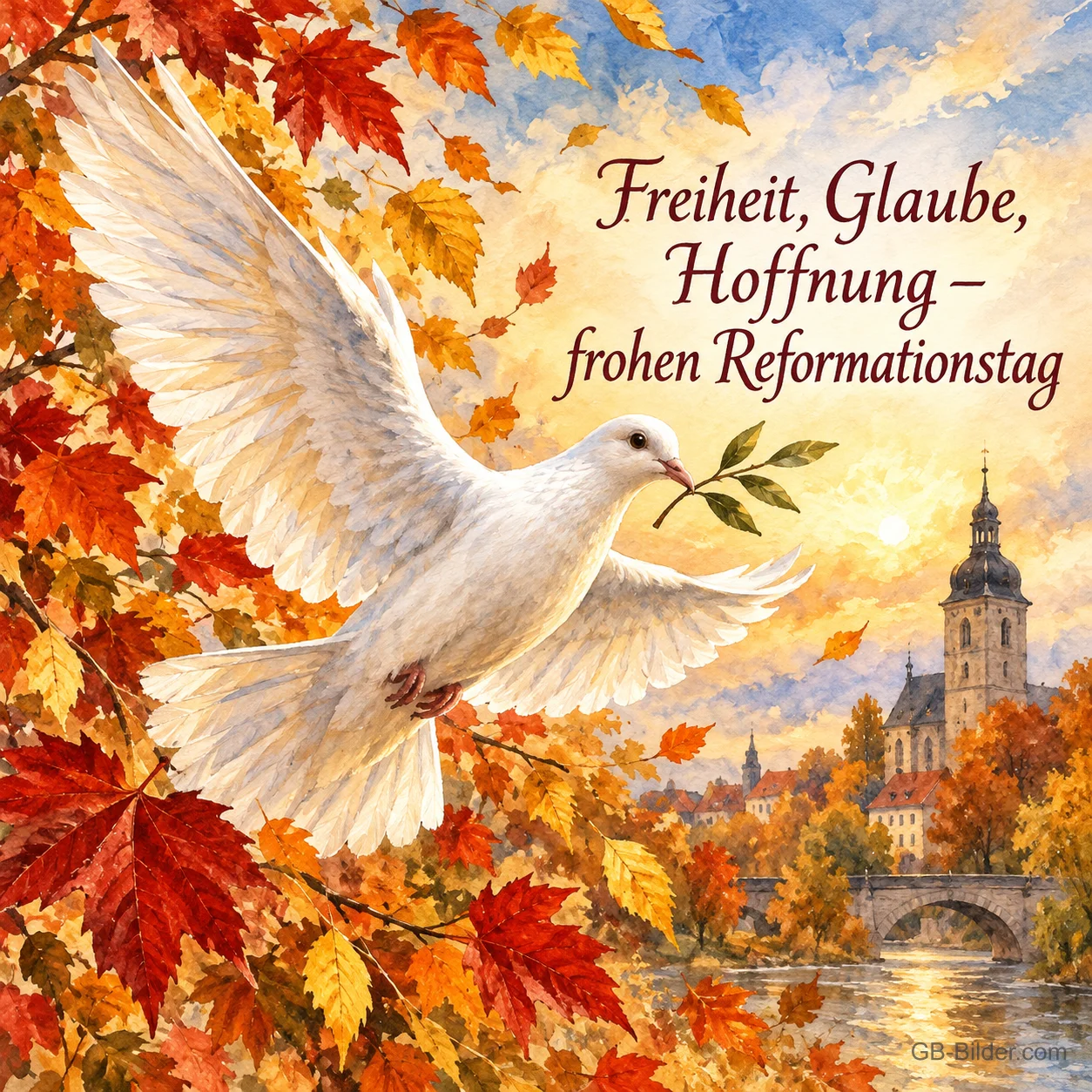 Eine weiße Taube mit Ölzweig fliegt durch rotes und goldenes Herbstlaub über einer Altstadt am Fluss, Text: Freiheit, Glaube, Hoffnung – frohen Reformationstag Eine weiße Taube mit Ölzweig fliegt durch rotes und goldenes Herbstlaub über einer Altstadt am Fluss, Text: Freiheit, Glaube, Hoffnung – frohen Reformationstag