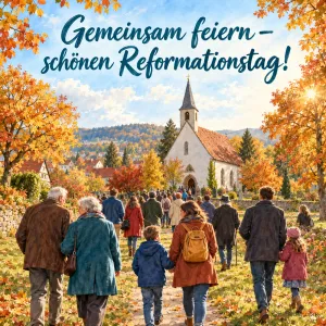 Familien und Nachbarn gehen an einem sonnigen Herbsttag gemeinsam zu einer kleinen weißen Dorfkirche, Text: Gemeinsam feiern – schönen Reformationstag!
