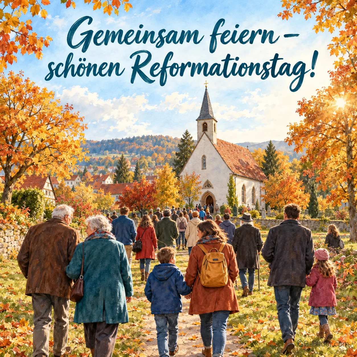 Familien und Nachbarn gehen an einem sonnigen Herbsttag gemeinsam zu einer kleinen weißen Dorfkirche, Text: Gemeinsam feiern – schönen Reformationstag! Familien und Nachbarn gehen an einem sonnigen Herbsttag gemeinsam zu einer kleinen weißen Dorfkirche, Text: Gemeinsam feiern – schönen Reformationstag!