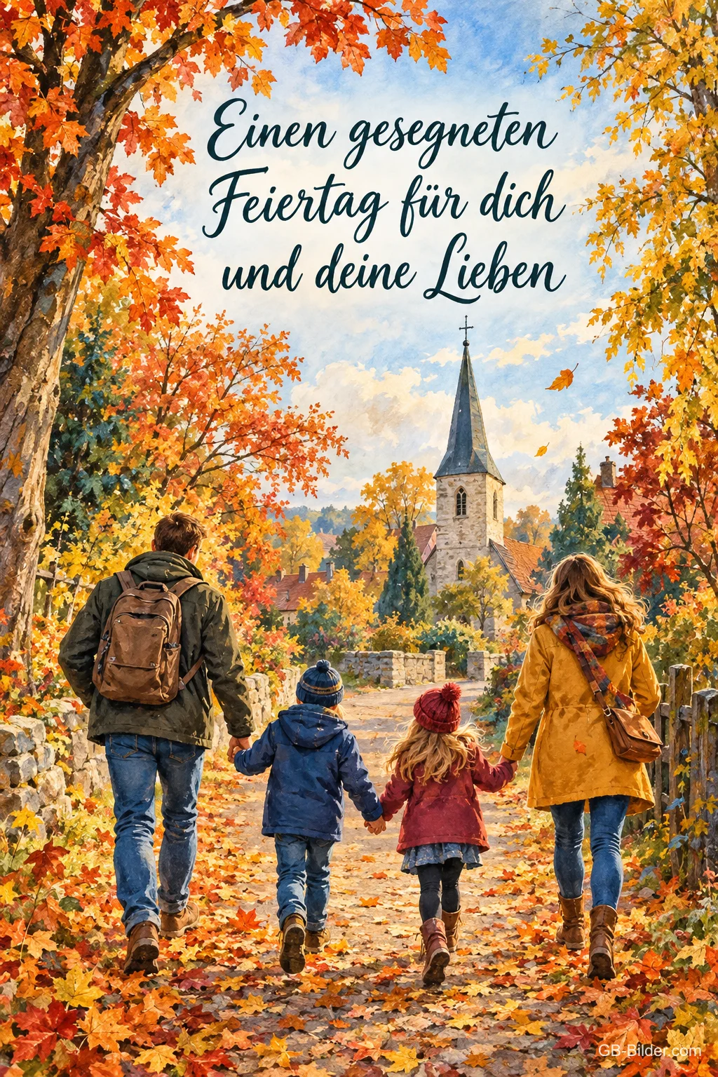 Eine Familie geht Hand in Hand durch eine bunte Herbstallee auf einen Kirchturm zu, Text: Einen gesegneten Feiertag für dich und deine Lieben Eine Familie geht Hand in Hand durch eine bunte Herbstallee auf einen Kirchturm zu, Text: Einen gesegneten Feiertag für dich und deine Lieben