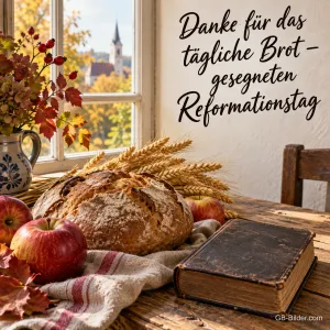 Ein rustikales Brot, Ähren, rote Äpfel und ein altes Gesangbuch liegen auf einem Leinentuch am Fenster, Text: Danke für das tägliche Brot – gesegneten Reformationstag