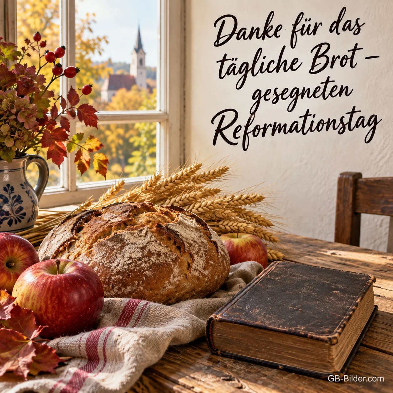Ein rustikales Brot, Ähren, rote Äpfel und ein altes Gesangbuch liegen auf einem Leinentuch am Fenster, Text: Danke für das tägliche Brot – gesegneten Reformationstag Ein rustikales Brot, Ähren, rote Äpfel und ein altes Gesangbuch liegen auf einem Leinentuch am Fenster, Text: Danke für das tägliche Brot – gesegneten Reformationstag