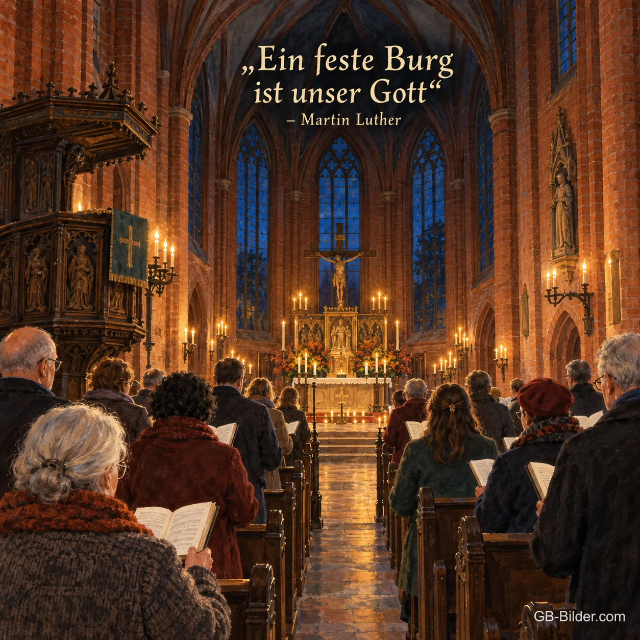 Eine Gemeinde feiert im Kerzenlicht einer großen gotischen Backsteinkirche den Abendgottesdienst, Text: „Ein feste Burg ist unser Gott“ – Martin Luther Eine Gemeinde feiert im Kerzenlicht einer großen gotischen Backsteinkirche den Abendgottesdienst, Text: „Ein feste Burg ist unser Gott“ – Martin Luther