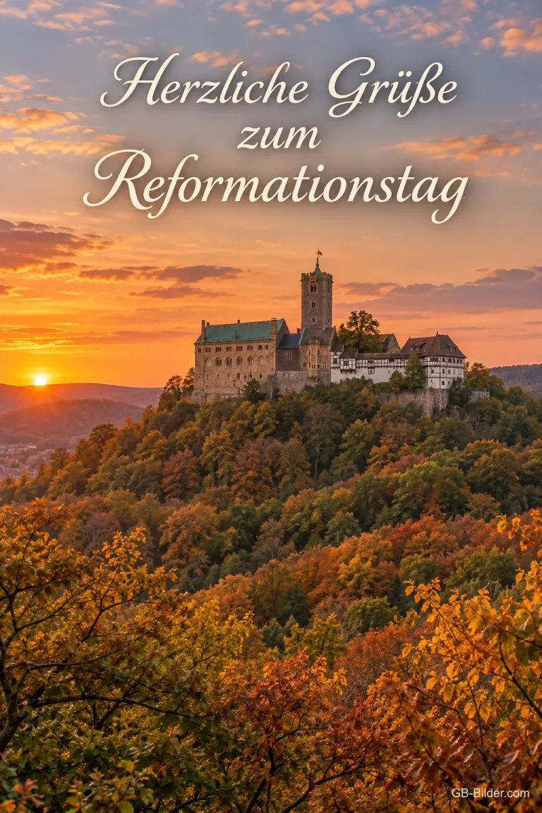 Die Wartburg thront bei Sonnenuntergang auf ihrem Berg über leuchtenden Herbstwäldern in Thüringen, Text: Herzliche Grüße zum Reformationstag