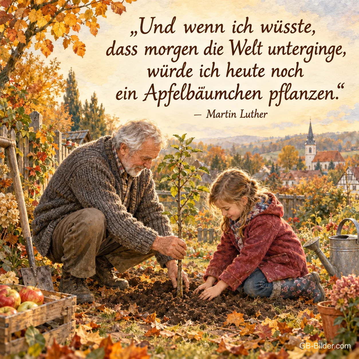 Ein Großvater und seine Enkelin pflanzen im herbstlichen Garten gemeinsam ein junges Apfelbäumchen, Text: „Und wenn ich wüsste, dass morgen die Welt unterginge, würde ich heute noch ein Apfelbäumchen pflanzen.“ – Martin Luther Ein Großvater und seine Enkelin pflanzen im herbstlichen Garten gemeinsam ein junges Apfelbäumchen, Text: „Und wenn ich wüsste, dass morgen die Welt unterginge, würde ich heute noch ein Apfelbäumchen pflanzen.“ – Martin Luther
