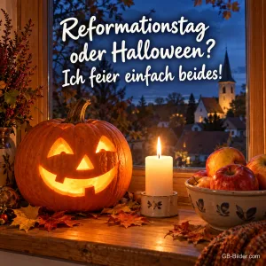 Ein leuchtender Kürbis, eine weiße Kerze und eine Schale Äpfel stehen am Abend auf einer Fensterbank, Text: Reformationstag oder Halloween? Ich feier einfach beides!