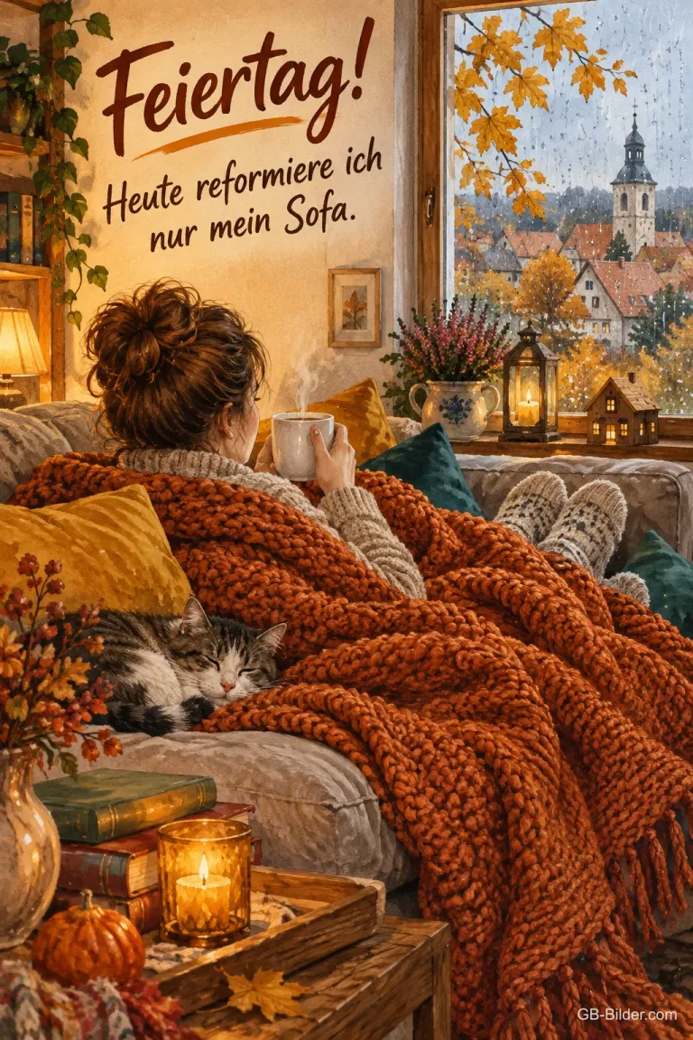 Eine Frau kuschelt sich mit Tee und Strickdecke aufs Sofa und schaut in den Herbstregen hinaus, neben ihr schläft eine Katze, Text: Feiertag! Heute reformiere ich nur mein Sofa.