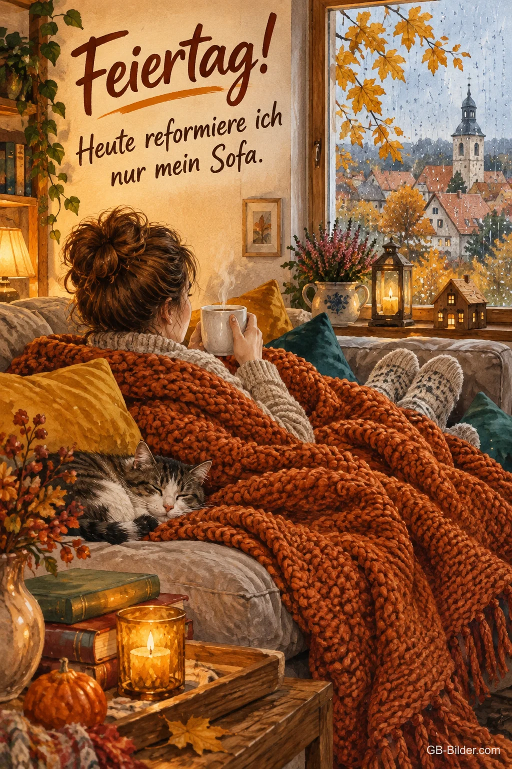 Eine Frau kuschelt sich mit Tee und Strickdecke aufs Sofa und schaut in den Herbstregen hinaus, neben ihr schläft eine Katze, Text: Feiertag! Heute reformiere ich nur mein Sofa. Eine Frau kuschelt sich mit Tee und Strickdecke aufs Sofa und schaut in den Herbstregen hinaus, neben ihr schläft eine Katze, Text: Feiertag! Heute reformiere ich nur mein Sofa.