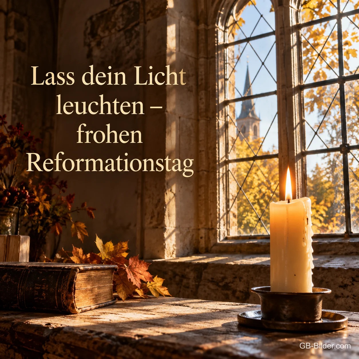 Eine brennende Kerze steht auf einem alten Fensterbrett, Sonnenlicht fällt durch ein Kirchenfenster herein, Text: Lass dein Licht leuchten – frohen Reformationstag Eine brennende Kerze steht auf einem alten Fensterbrett, Sonnenlicht fällt durch ein Kirchenfenster herein, Text: Lass dein Licht leuchten – frohen Reformationstag