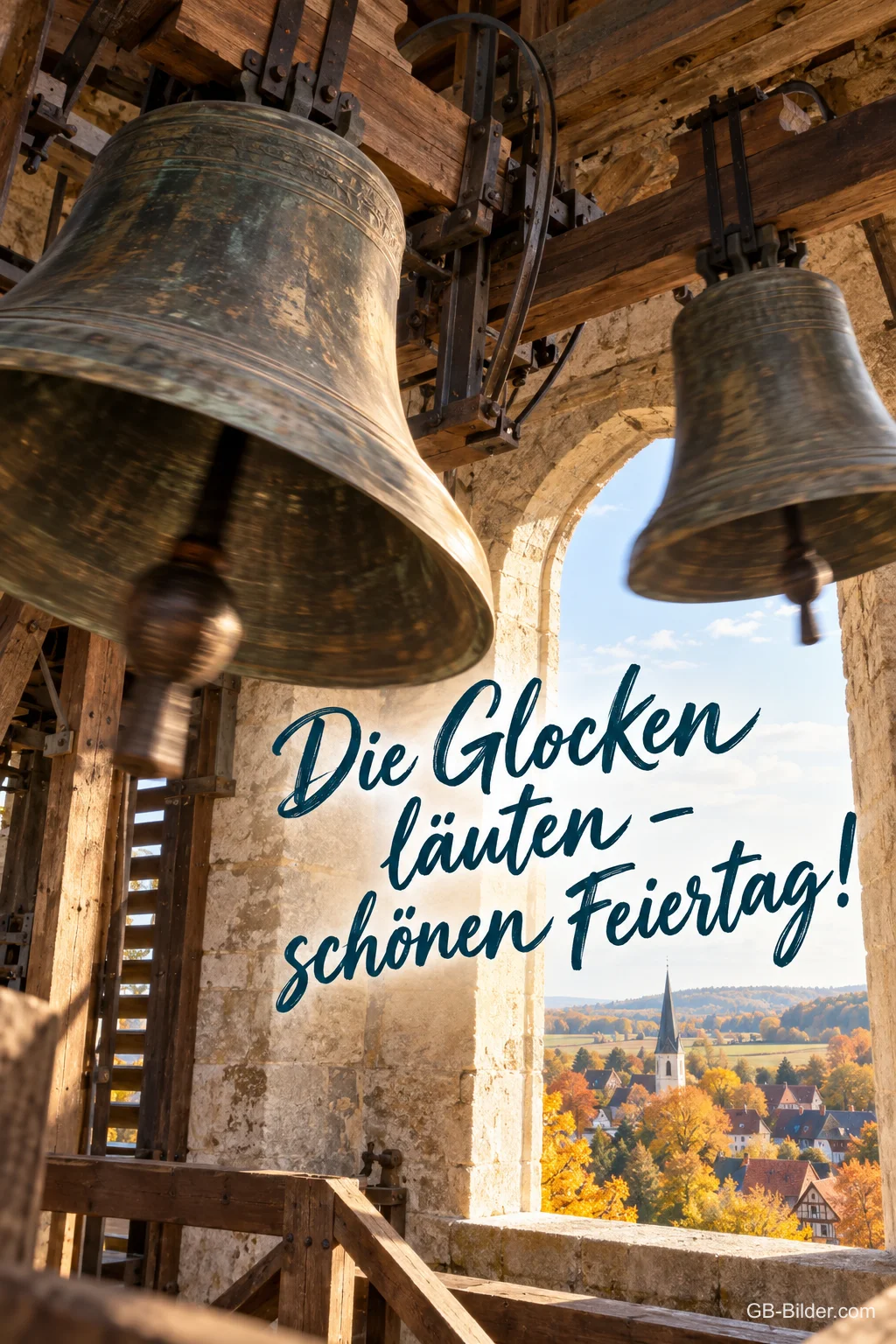 Alte Bronzeglocken hängen im Kirchturm, durch den Torbogen sieht man ein Dorf in Herbstfarben, Text: Die Glocken läuten – schönen Feiertag! Alte Bronzeglocken hängen im Kirchturm, durch den Torbogen sieht man ein Dorf in Herbstfarben, Text: Die Glocken läuten – schönen Feiertag!