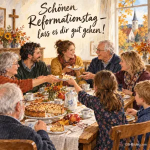 Eine Familie sitzt nach dem Gottesdienst bei Apfelkuchen und Kaffee am langen Tisch und reicht sich die Teller, Text: Schönen Reformationstag – lass es dir gut gehen!
