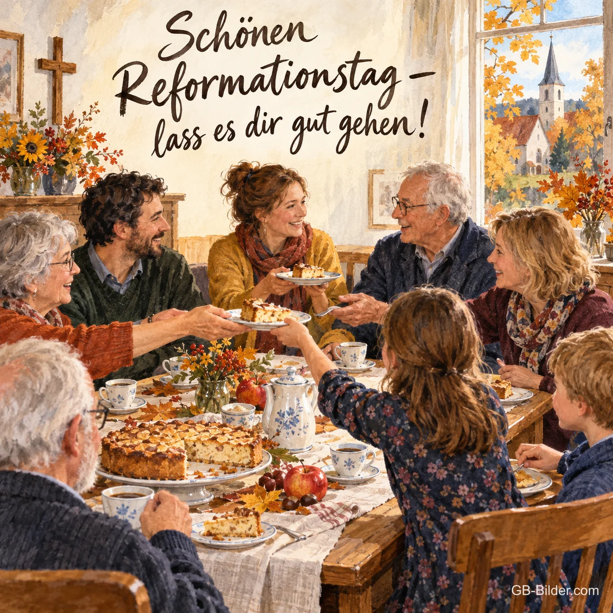 Eine Familie sitzt nach dem Gottesdienst bei Apfelkuchen und Kaffee am langen Tisch und reicht sich die Teller, Text: Schönen Reformationstag – lass es dir gut gehen! Eine Familie sitzt nach dem Gottesdienst bei Apfelkuchen und Kaffee am langen Tisch und reicht sich die Teller, Text: Schönen Reformationstag – lass es dir gut gehen!