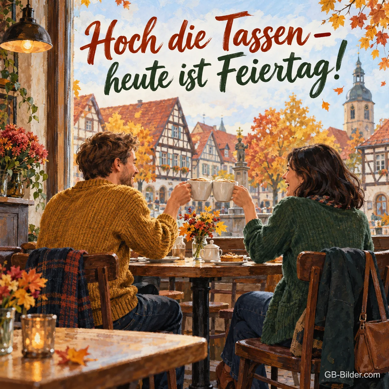Zwei Freunde stoßen in einem Café mit Blick auf eine Fachwerk-Altstadt im Herbst mit Kaffeetassen an, Text: Hoch die Tassen – heute ist Feiertag! Zwei Freunde stoßen in einem Café mit Blick auf eine Fachwerk-Altstadt im Herbst mit Kaffeetassen an, Text: Hoch die Tassen – heute ist Feiertag!