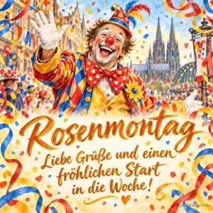 Lachender Clown winkt vor einer Karnevalsstadt, Text: Rosenmontag – Liebe Grüße und einen fröhlichen Start in die Woche!