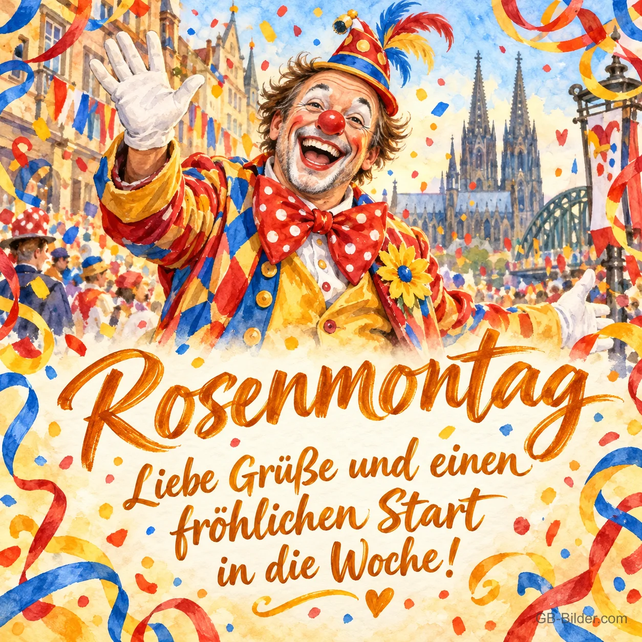 Lachender Clown winkt vor einer Karnevalsstadt, Text: Rosenmontag – Liebe Grüße und einen fröhlichen Start in die Woche! Lachender Clown winkt vor einer Karnevalsstadt, Text: Rosenmontag – Liebe Grüße und einen fröhlichen Start in die Woche!