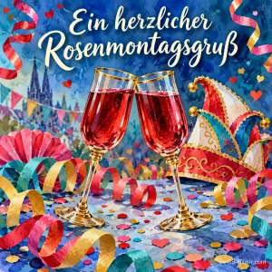 Zwei Gläser Rotwein mit Luftschlangen und Narrenkappe, Text: Ein herzlicher Rosenmontagsgruß