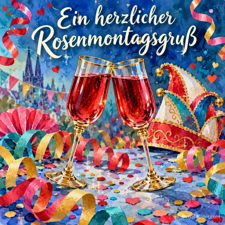 Zwei Gläser Rotwein mit Luftschlangen und Narrenkappe, Text: Ein herzlicher Rosenmontagsgruß Zwei Gläser Rotwein mit Luftschlangen und Narrenkappe, Text: Ein herzlicher Rosenmontagsgruß