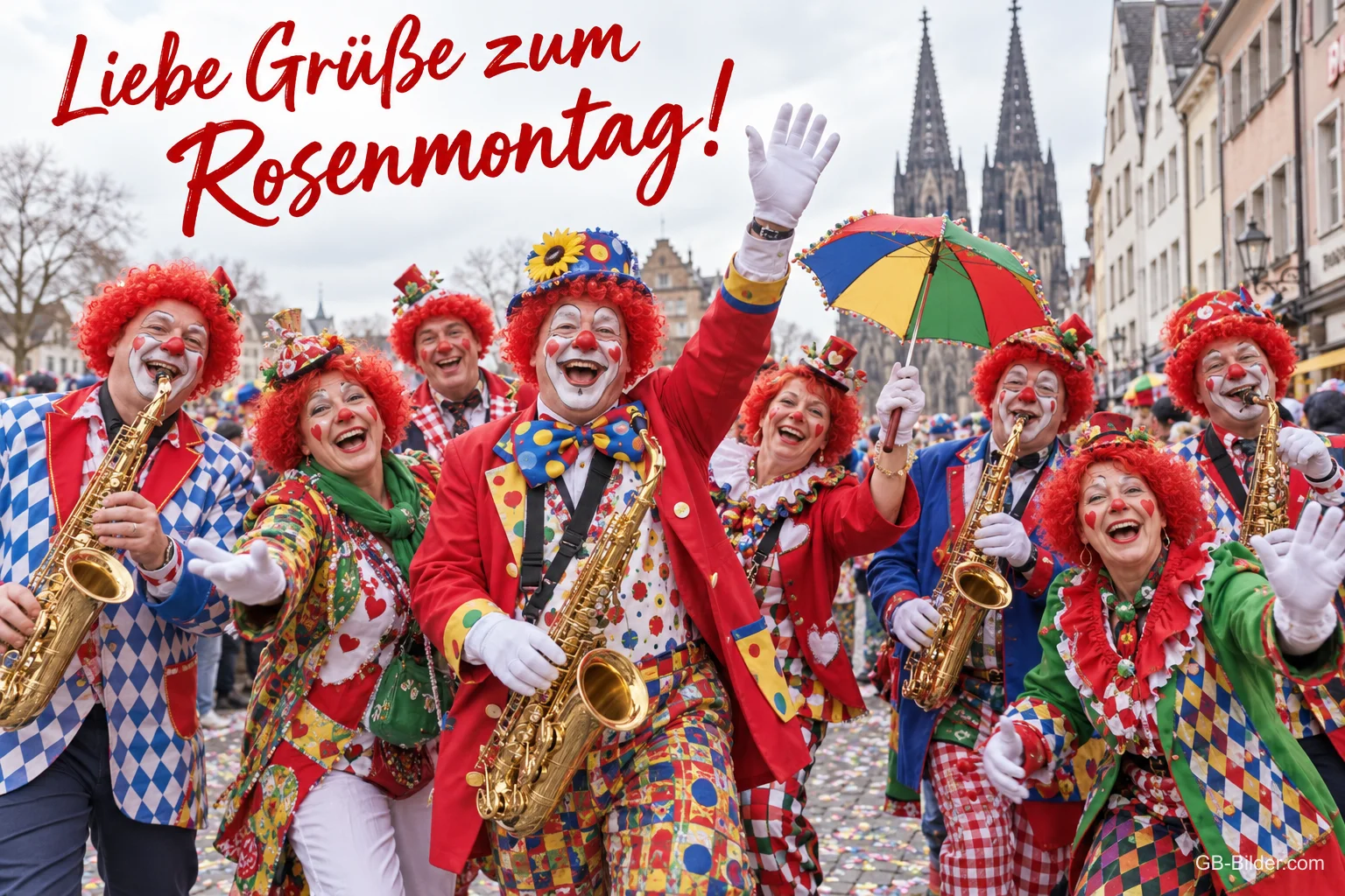 Fröhliche Clowns mit Saxofonen im Karnevalszug vor dem Kölner Dom, Text: Liebe Grüße zum Rosenmontag! Fröhliche Clowns mit Saxofonen im Karnevalszug vor dem Kölner Dom, Text: Liebe Grüße zum Rosenmontag!