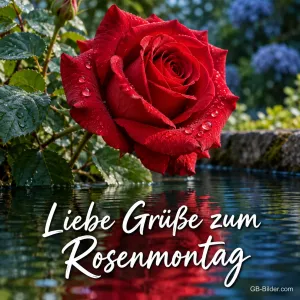 Rote Rose spiegelt sich im Wasser, Text: Liebe Grüße zum Rosenmontag