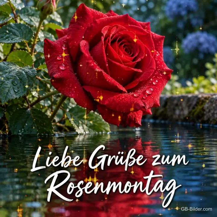 Rote Rose spiegelt sich im Wasser, Text: Liebe Grüße zum Rosenmontag Rote Rose spiegelt sich im Wasser, Text: Liebe Grüße zum Rosenmontag