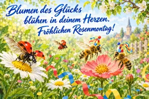 Marienkäfer und Bienen mit Partyhüten zwischen Blumen, Text: Blumen des Glücks blühen in deinem Herzen. – Fröhlichen Rosenmontag!