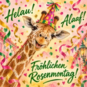 Lachende Giraffe mit Partyhut zwischen Luftschlangen, Text: Helau! Alaaf! – Fröhlichen Rosenmontag!