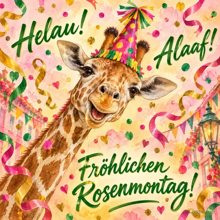 Lachende Giraffe mit Partyhut zwischen Luftschlangen, Text: Helau! Alaaf! – Fröhlichen Rosenmontag! Lachende Giraffe mit Partyhut zwischen Luftschlangen, Text: Helau! Alaaf! – Fröhlichen Rosenmontag!