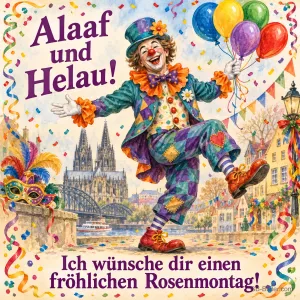 Clown mit Luftballons tanzt vor dem Kölner Dom, Text: Alaaf und Helau! – Ich wünsche dir einen fröhlichen Rosenmontag!