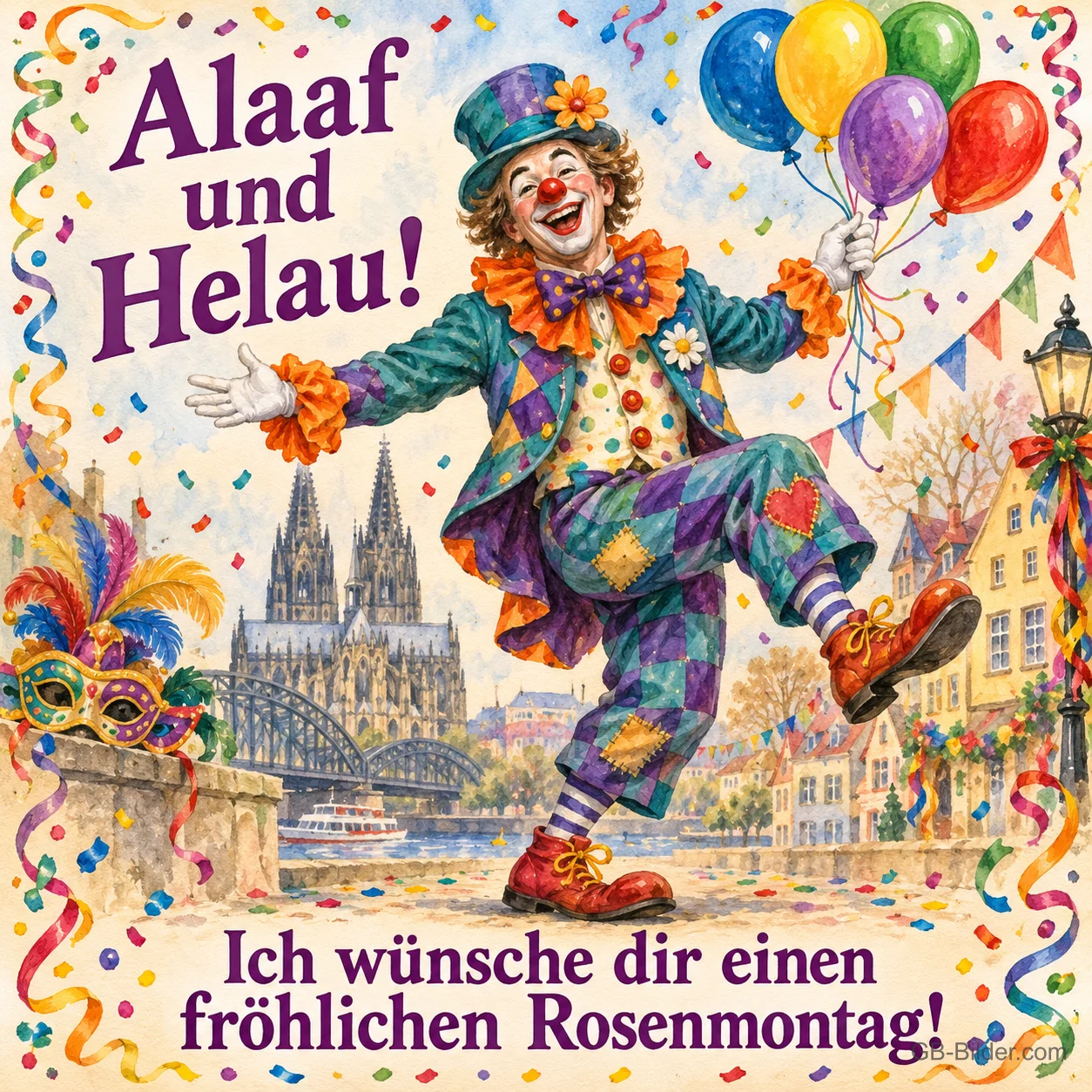 Clown mit Luftballons tanzt vor dem Kölner Dom, Text: Alaaf und Helau! – Ich wünsche dir einen fröhlichen Rosenmontag! Clown mit Luftballons tanzt vor dem Kölner Dom, Text: Alaaf und Helau! – Ich wünsche dir einen fröhlichen Rosenmontag!