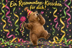 Bär mit Partyhut tanzt mit Blume zwischen Luftschlangen, Text: Ein Rosenmontags-Küsschen für dich!